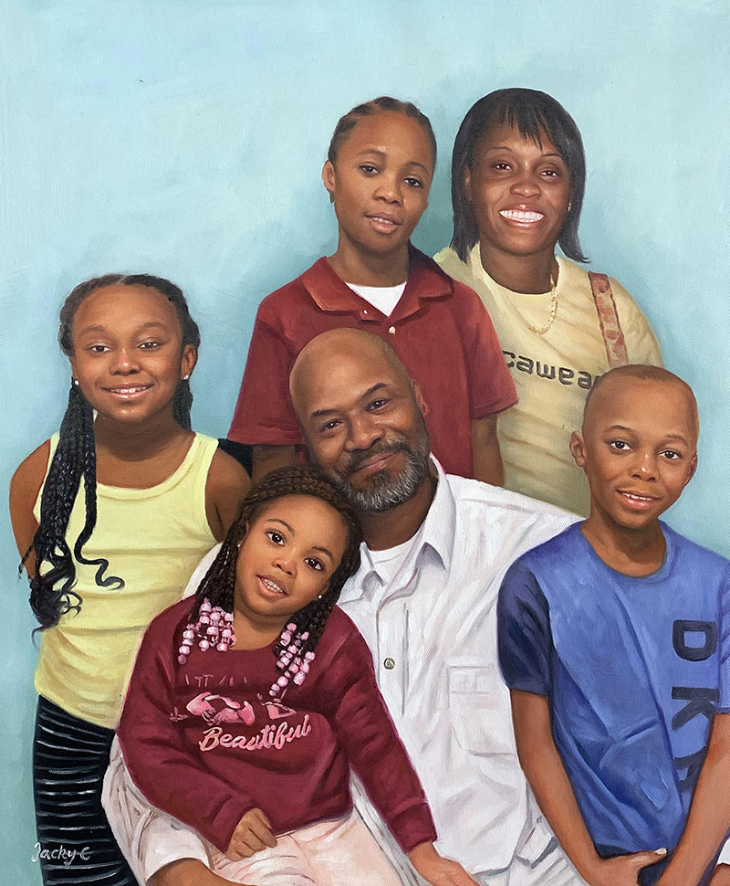 Family portrait painting of a father, mother, and four children.