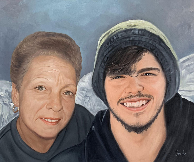 Painting of a woman and a young man, with angel wings behind them.