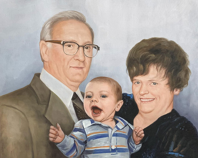 Oil painting portrait of grandparents holding a baby.