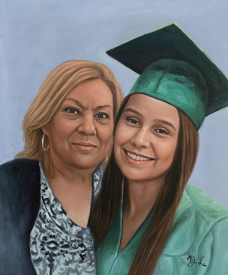 Oil painting portrait of a mother and her daughter who is wearing a graduation cap.