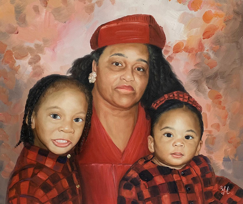 Painted portrait of a woman and two children in red clothing.