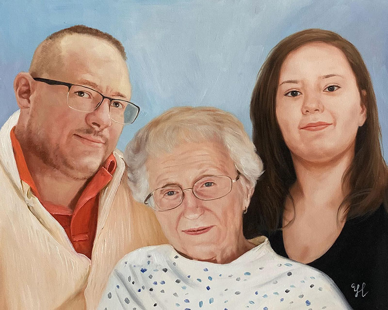 Oil painting portrait of a woman with her son and granddaughter.