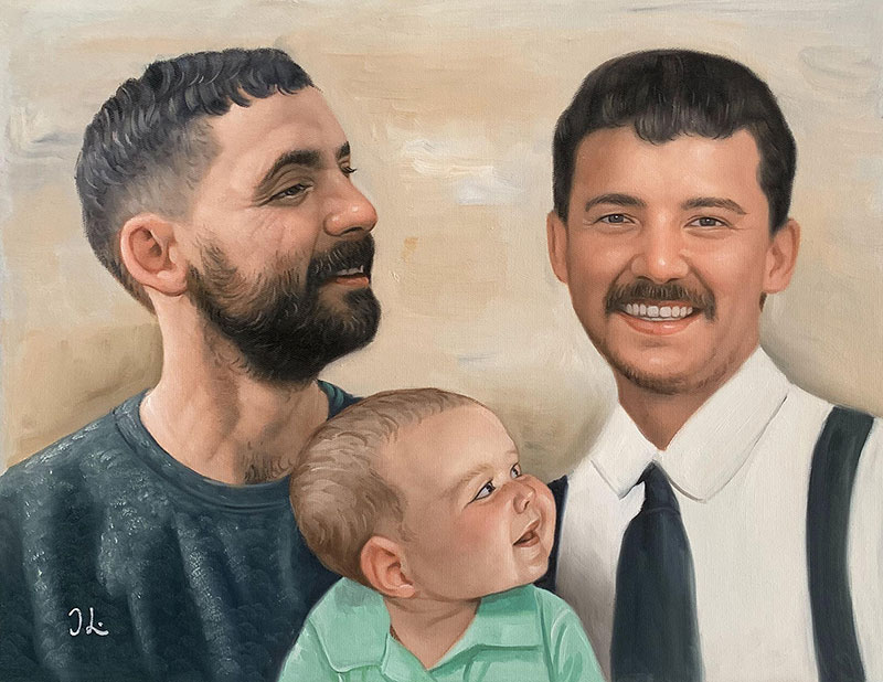 Portrait painting of two men and a baby.