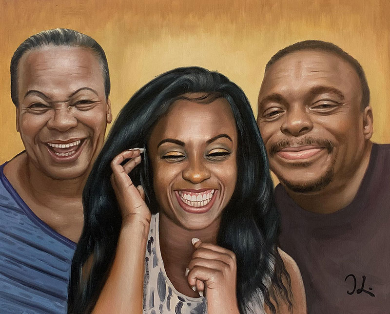 Painting of a smiling family portrait: a woman, young woman, and man.