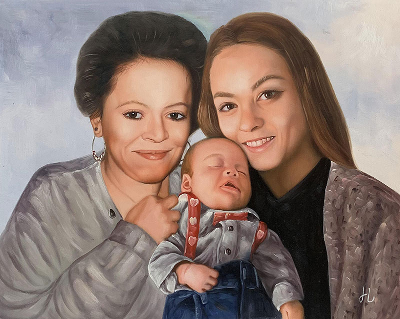 Painted portrait of two women and a baby.