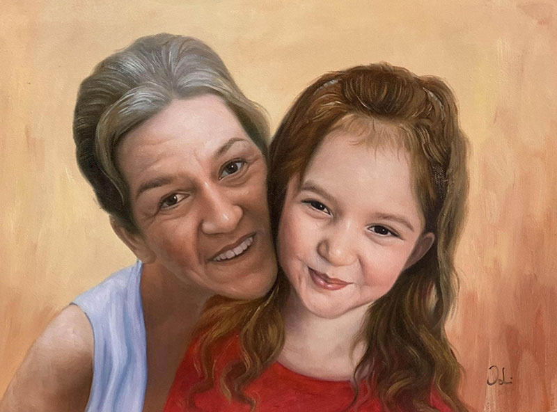 Painting of an older woman and a young girl embracing.