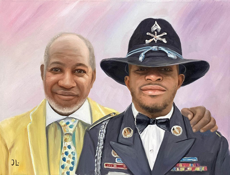 Painting of an older man in a yellow jacket and a younger man in a military uniform, arm around each other.