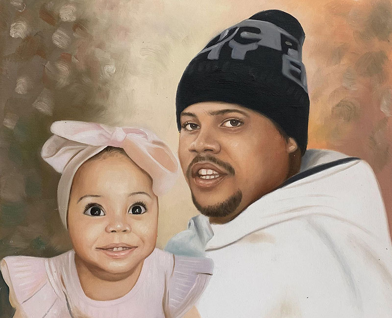 Painting of a man in a beanie and a toddler girl wearing a pink bow.