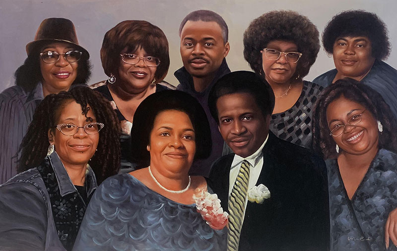 Painted portrait of a large Black family group.