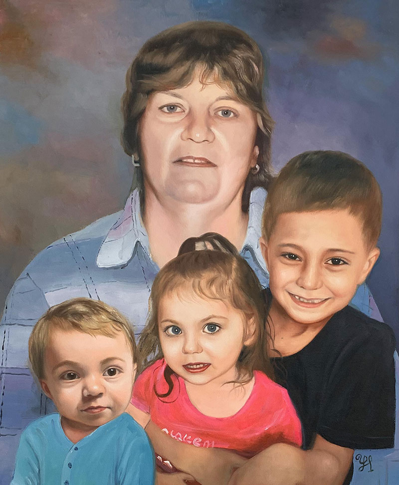 Oil painting of a woman with three young children.