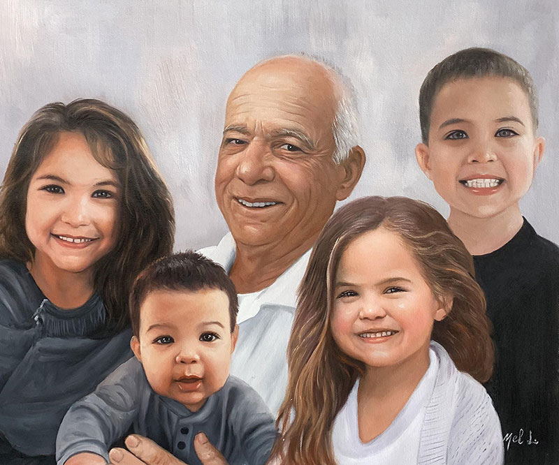 Painted portrait of a grandfather with three grandchildren.