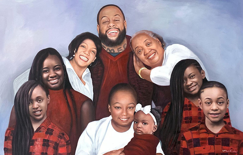 Large family portrait painting in reds and whites against a light purple background.