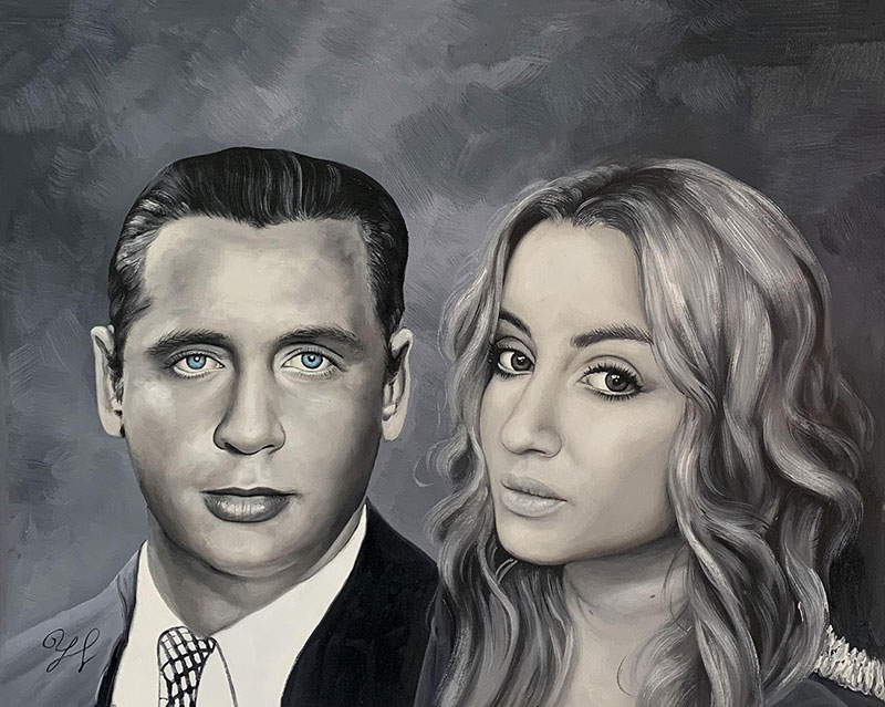 Black and white painting of a man and woman.