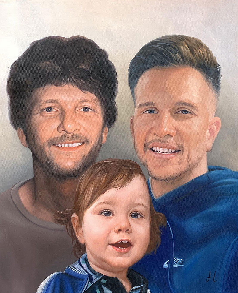 Painted portrait of two men and a toddler.