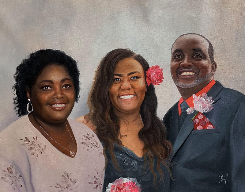Painted portrait of a family: a woman, a young woman, and a man.