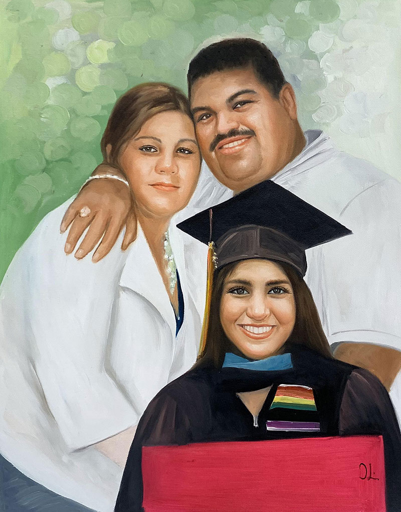 Painted portrait of a family: a father, mother, and their daughter in graduation attire.