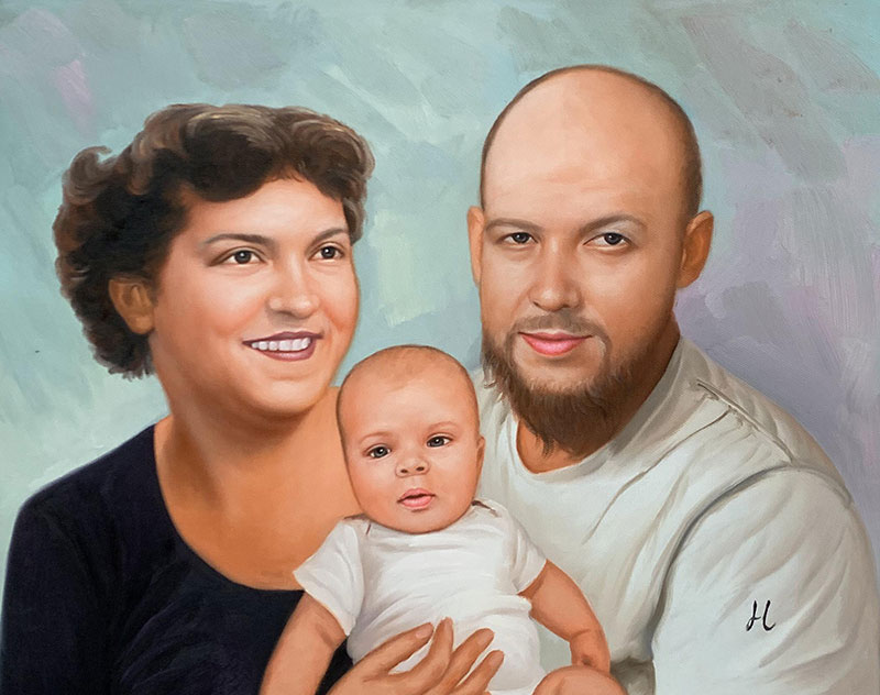 Family portrait painting of mother, father, and baby.