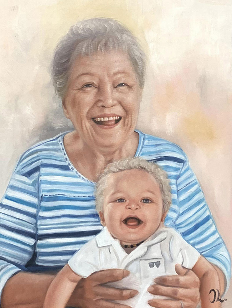 Painting of a smiling grandmother holding a laughing baby.