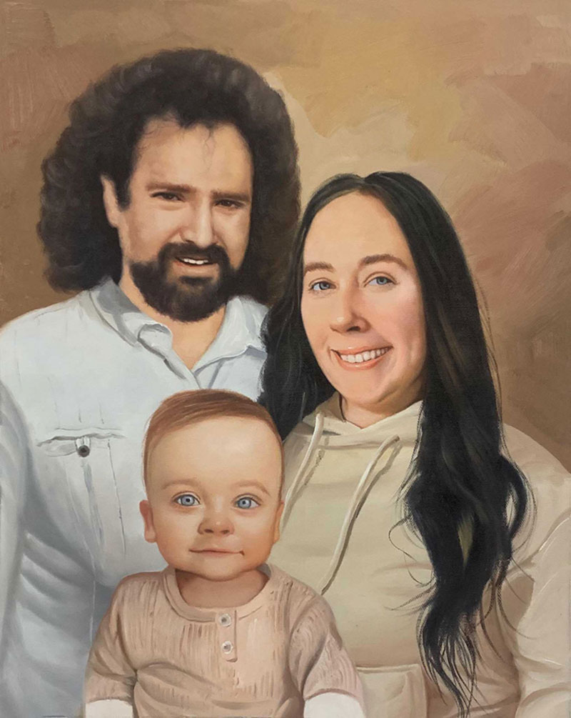 Oil painting of a family portrait: a man with curly hair, a woman with long dark hair, and a toddler.