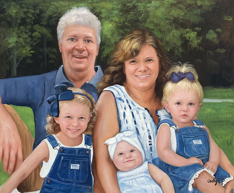 Painted portrait of grandparents with two granddaughters.
