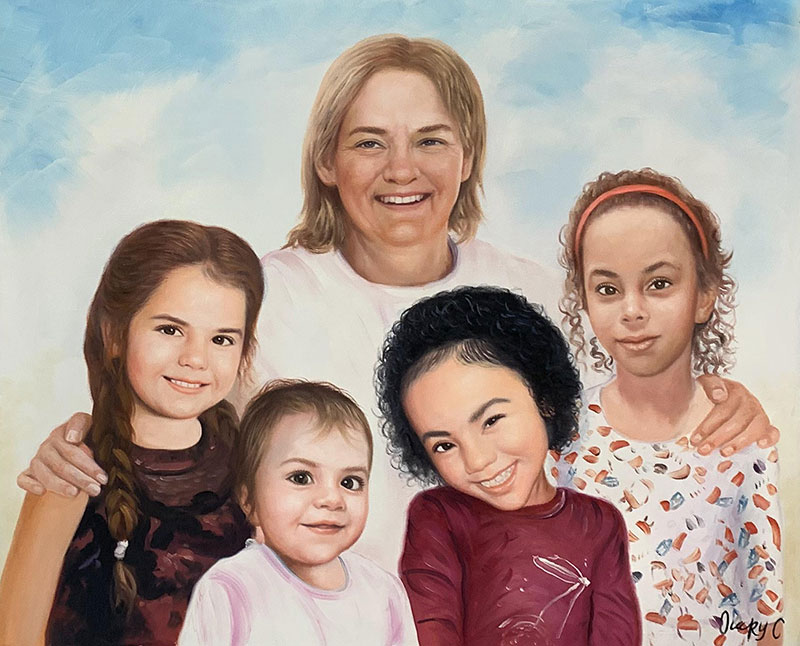 Oil painting of a woman and four girls.
