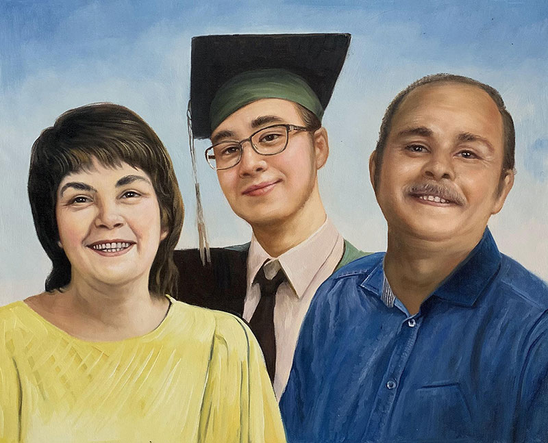 Painted portrait of a family: a woman, a graduate in cap and gown, and a man.