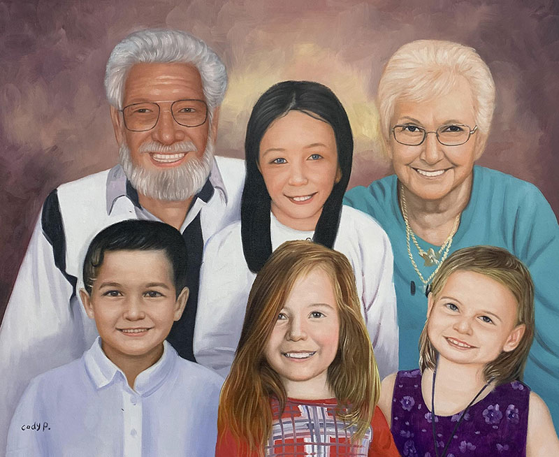 Painted portrait of grandparents and three grandchildren.
