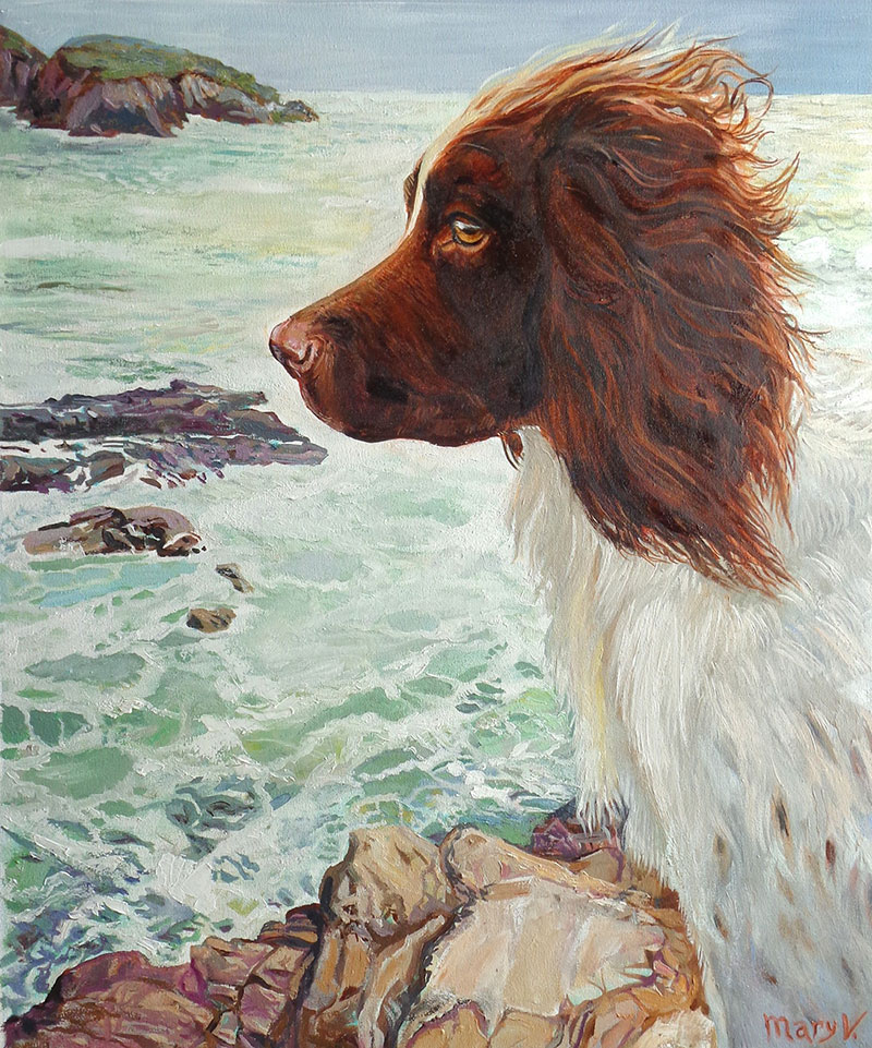 Painting of a brown and white dog looking out at the ocean from a rocky shore.