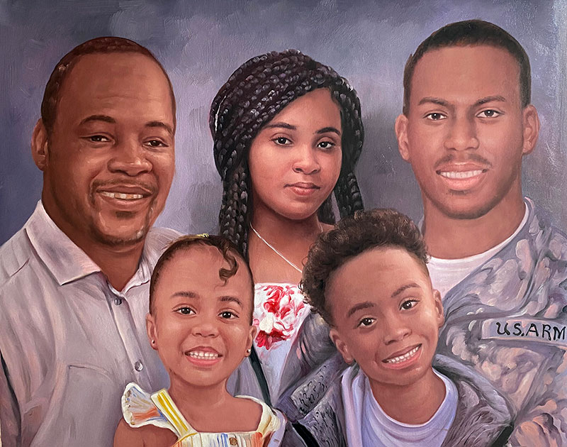 Painted portrait of a family: father, two daughters, and son in a U.S. Army uniform.