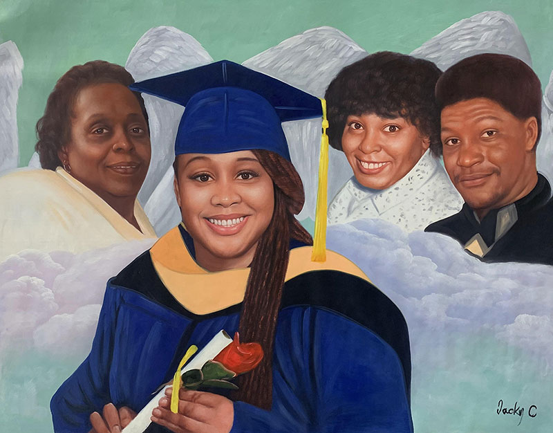 Graduate in cap and gown with three deceased family members depicted as angels.