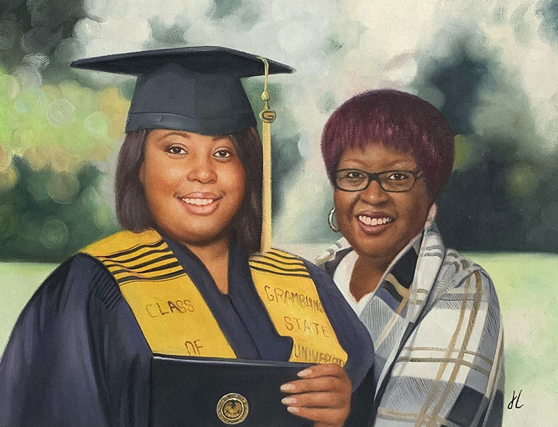 Painted portrait of a graduate and her mother.