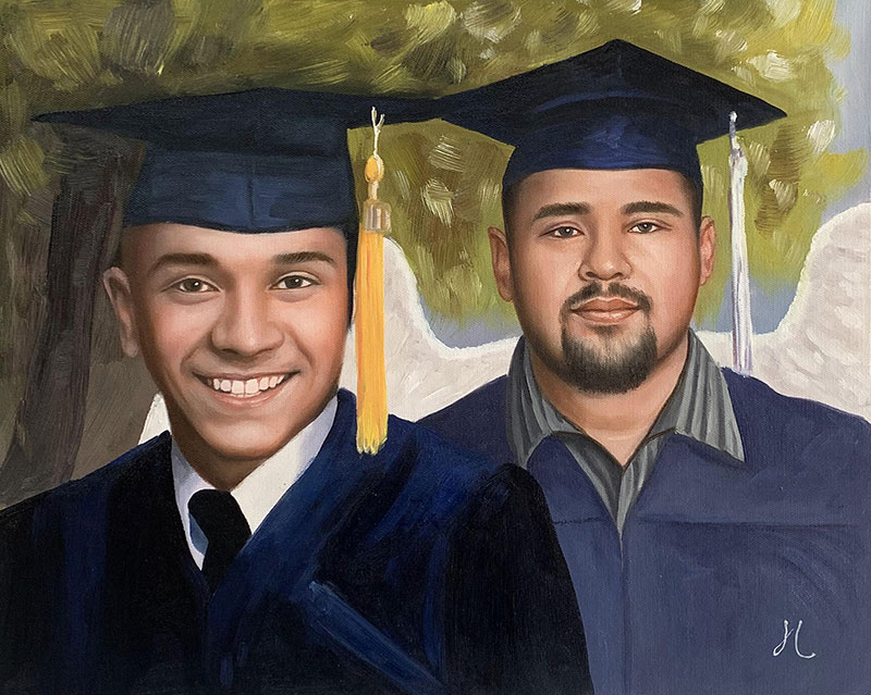 Painting of two smiling graduates in caps and gowns, one with a goatee, against a background of greenery and angel wings.