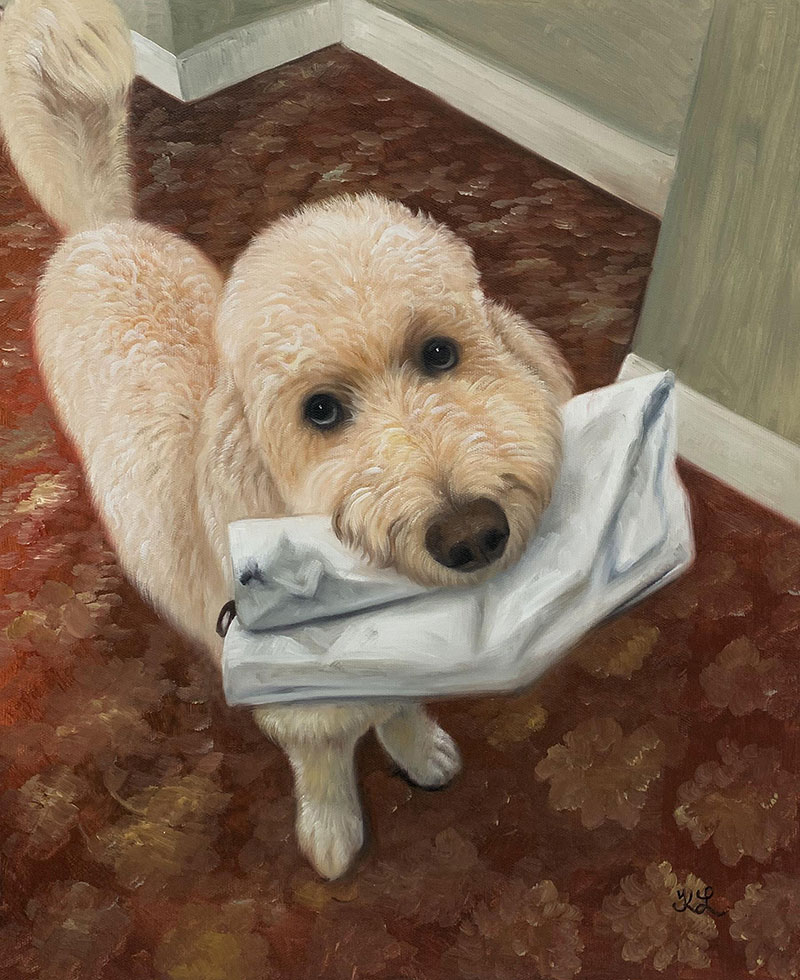 Painting of a fluffy cream-colored dog carrying a white cloth bag on a red carpet.