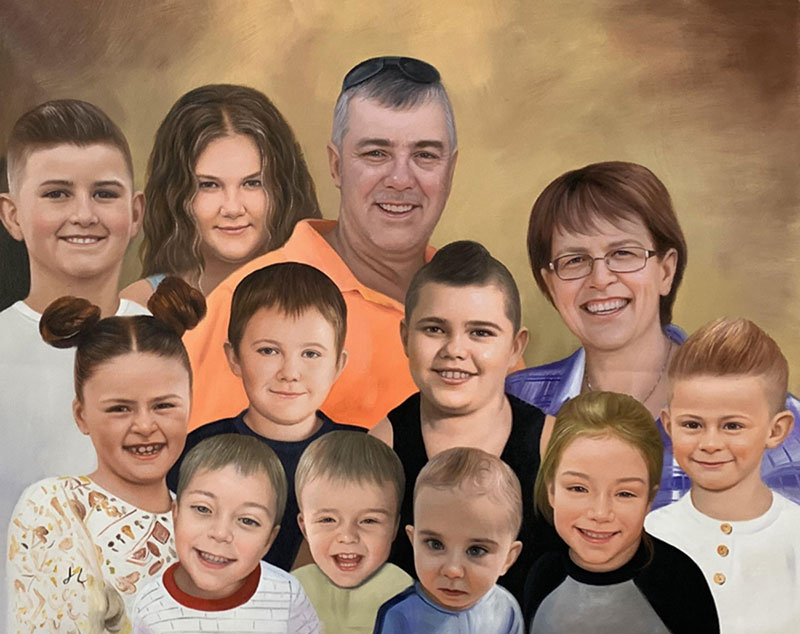 Painted portrait of a large family group.