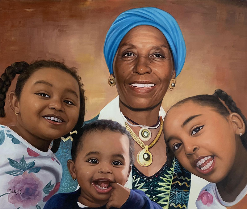 Painting of a grandmother and three grandchildren.