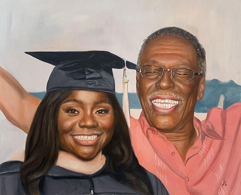 Painting of a smiling graduate in cap and gown with her smiling grandfather.