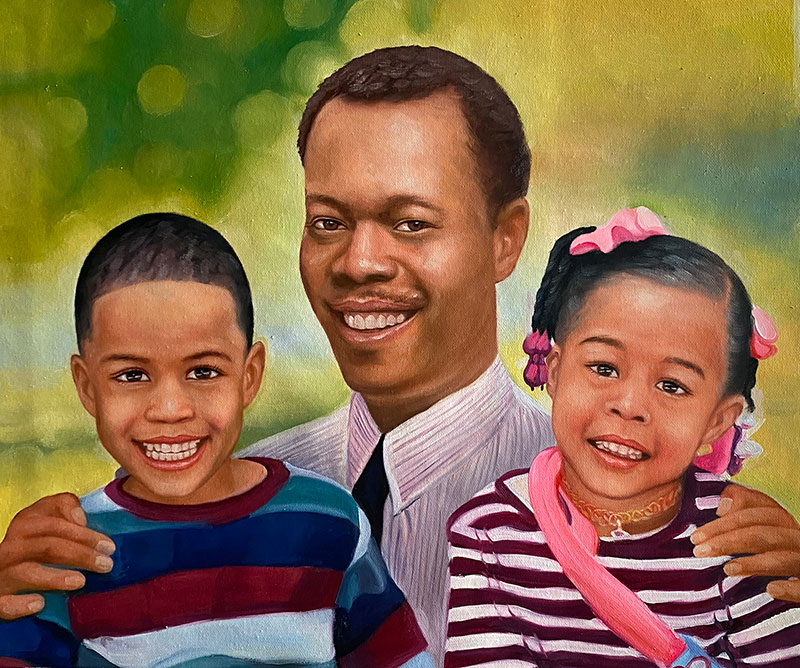 Painted portrait of a father with his young son and daughter.