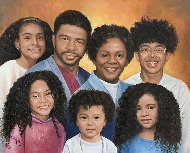 Painted portrait of a Black family: two parents, three daughters, and a son.