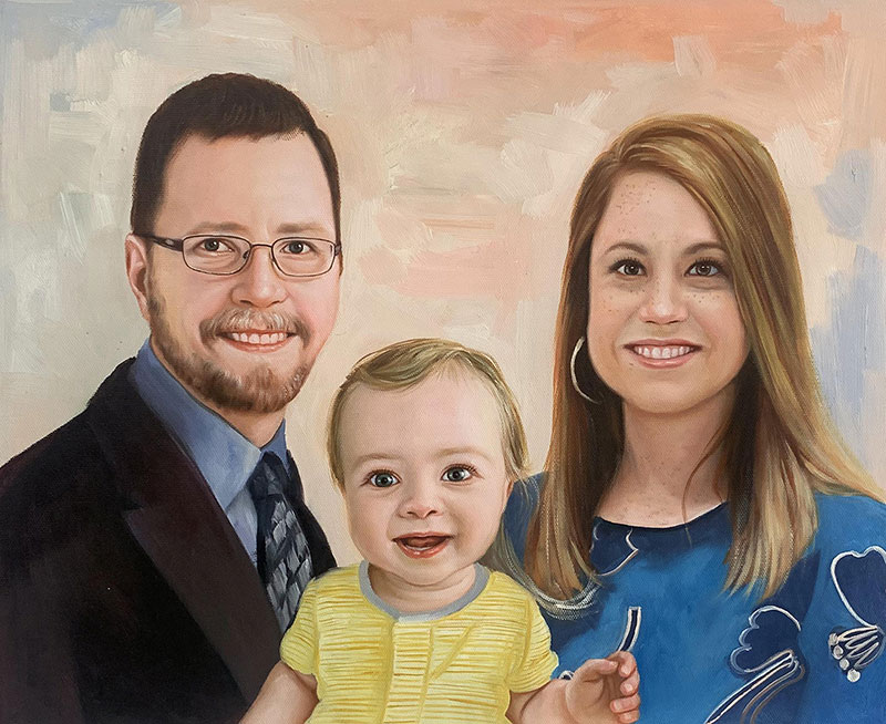 Painted portrait of a family: father, mother, and toddler.