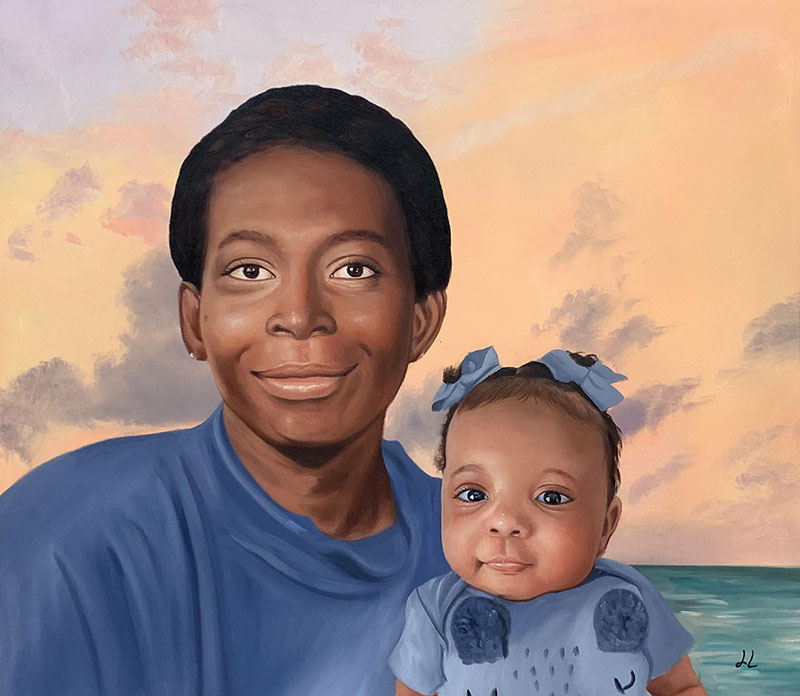Painting of a woman and baby girl against a sunset backdrop.