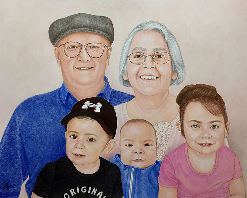 Colored pencil drawing of grandparents with two grandchildren.