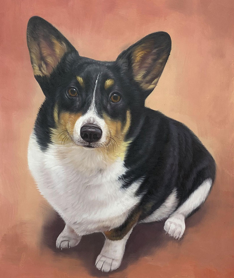 Painting of a tri-color corgi sitting.