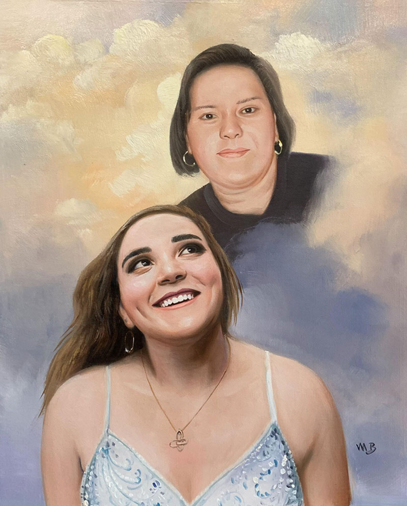 Painting of a young woman looking upward, with a portrait of a woman superimposed behind her.