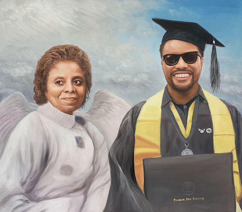 Painting of a graduate in cap and gown with an angelic woman beside him.