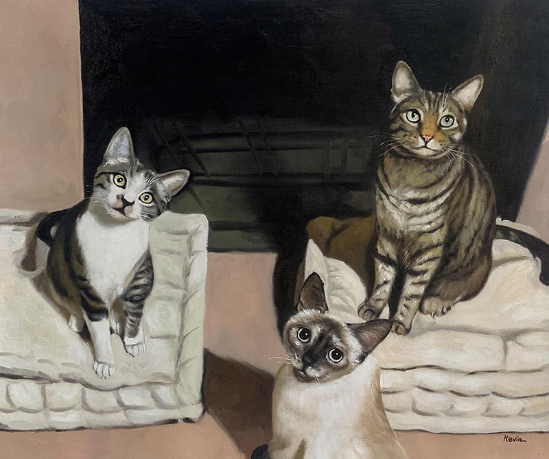 Painting of three cats sitting on pillows in front of a fireplace