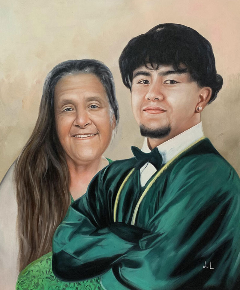 Painted portrait of a mother and her son in graduation attire.