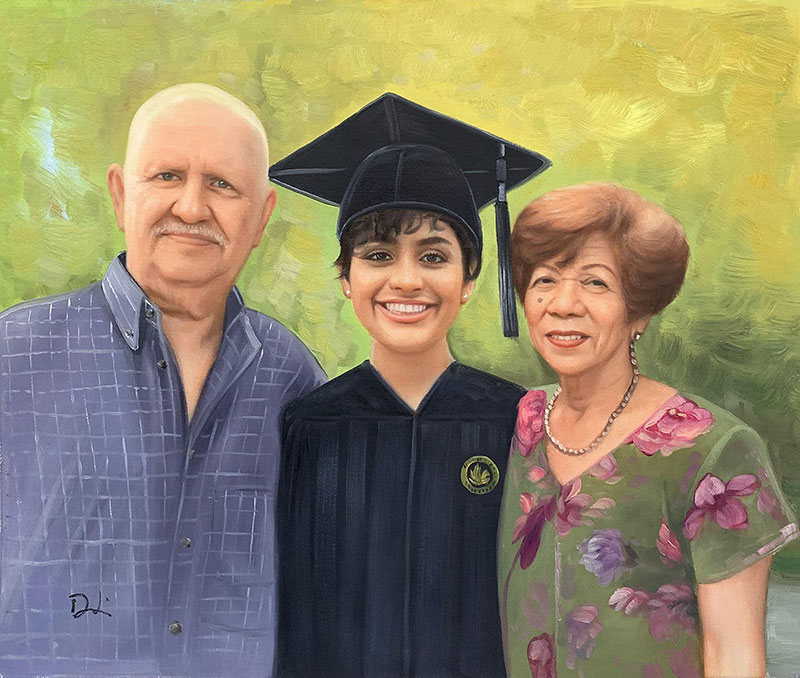 Painted portrait of a graduate with her grandparents.