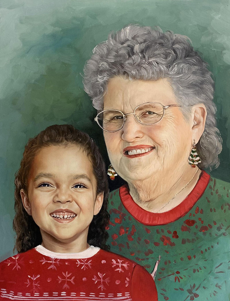 Painting of a young girl and older woman wearing holiday sweaters.