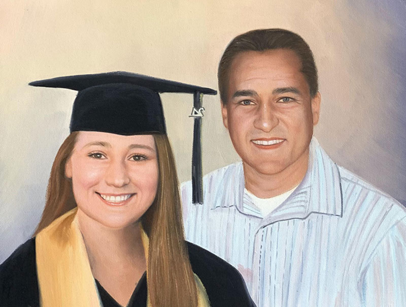 Painted portrait of a female graduate and her father.