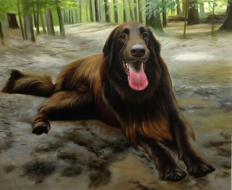 custom acrylic painting of brown Flat-Coated Retriever